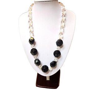 Vintage Lucite Necklace with barrel clasp clear and black beads 24"
